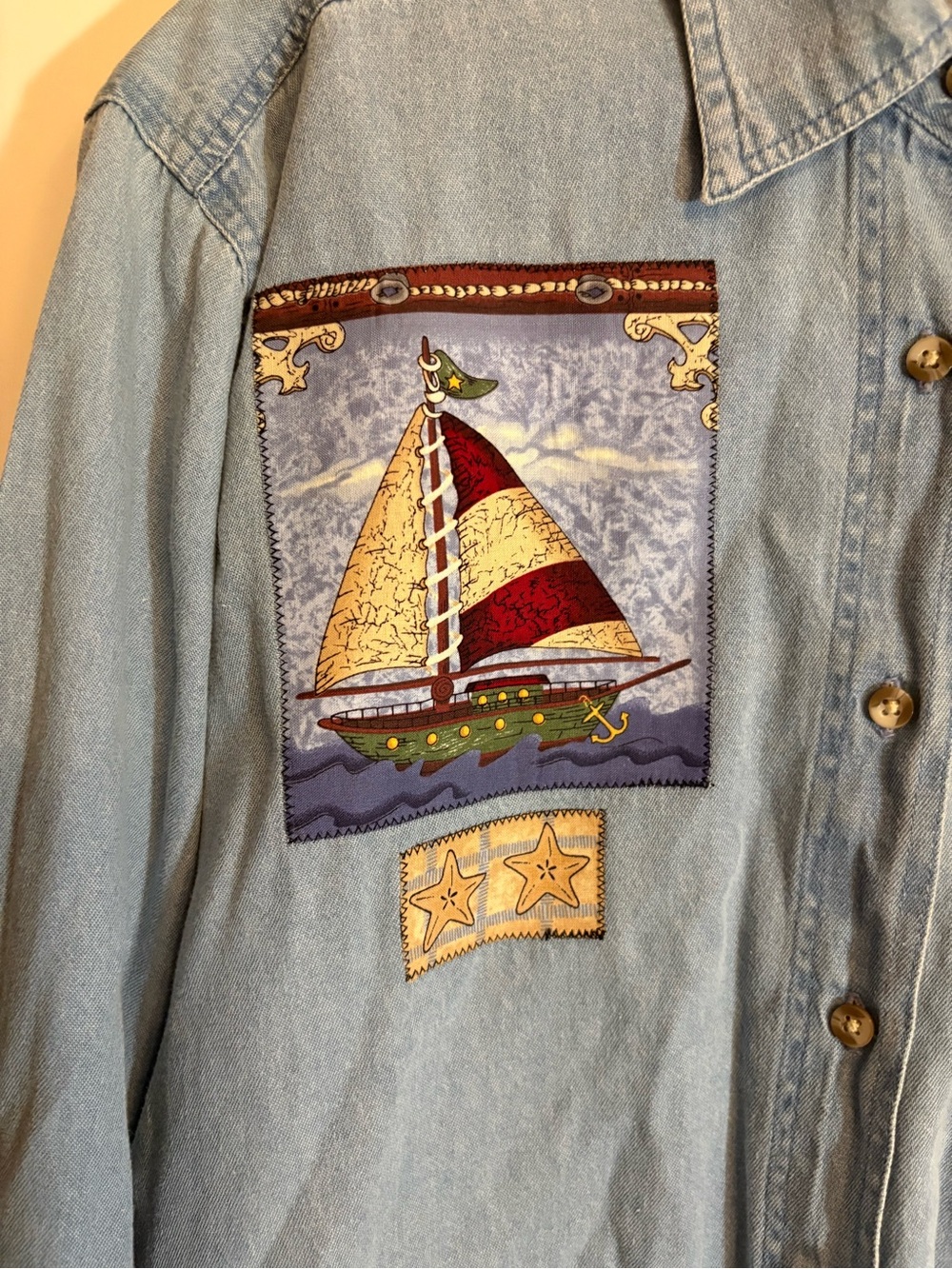 90s Better Things Nautical Denim Button Up Shirt Lighthouse Teacher Grandma VTG - Picture 5 of 8